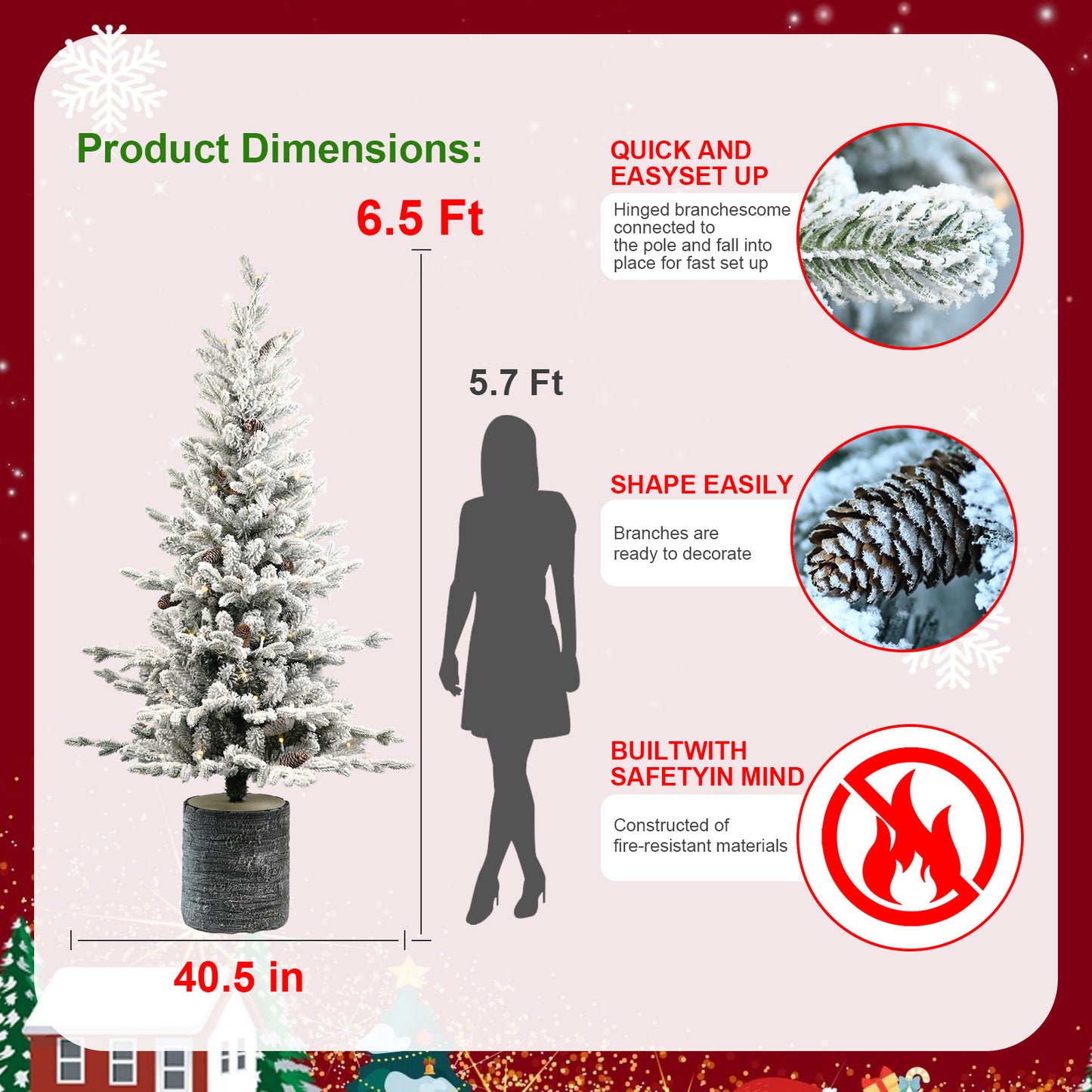 US Local 2,3,4,5,6ft PE PVC Decorated Flocking Basin Tree Artificial Christmas Tree