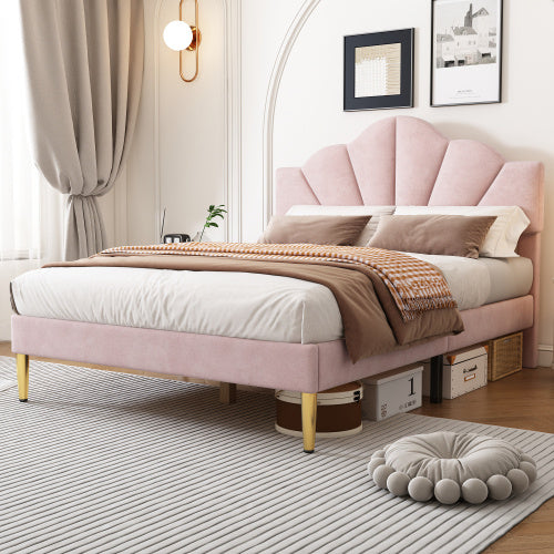 UK Local Velvet Upholstered Bed,Double Bed 4ft6 135x190cm, Shell-like Bed With Golden Iron Legs, Height Adjustable Headboard, Wooden Slatted Frame,