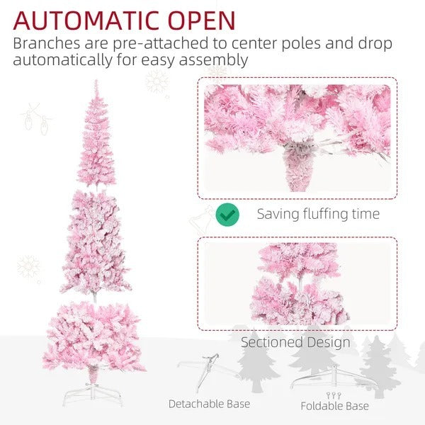 CA Local 7.5 ft Prelit Snow Flocked Artificial Christmas Tree With Pencil Shape, 700 Pine Realistic Branches, Warm White LED Lights, Auto Open, Pink And White