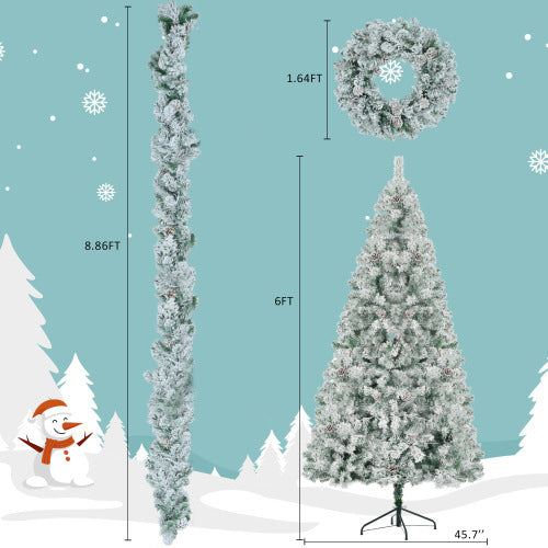 US Local 6FT Snow Flocked Christmas Tree, Pre-Lit Set With Tree & Garland & Wreath, Artificial Hinged Xmas Tree With Colorful LED Lights, 8 Lighting Modes, Pine Cones, Holiday For Home