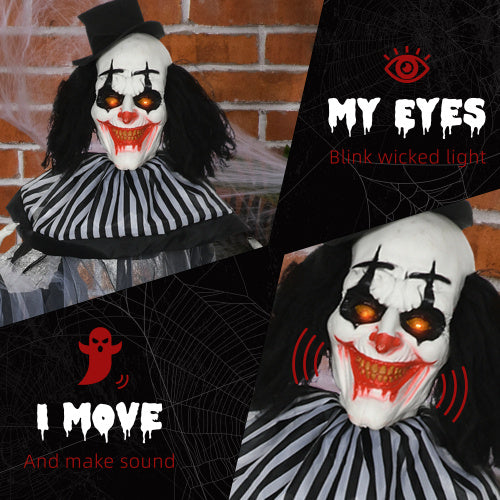 HOMCOM 6 Life Size Outdoor Halloween Decoration, Classic Black And White Striped Clown Animatronic, Sound And Motion Activated Animated Prop With Light Up Eyes Sounds