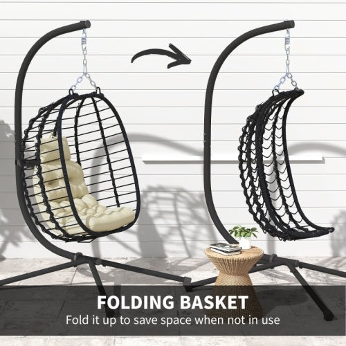 UK Local Outsunny Rattan Hanging Egg Chair, Foldable Wicker Hammock Swing Chair With Cushion, Stand, Adjustable Height, Head Pillow, Steel Frame For Garden Patio Indoor Outdoor, Cream White