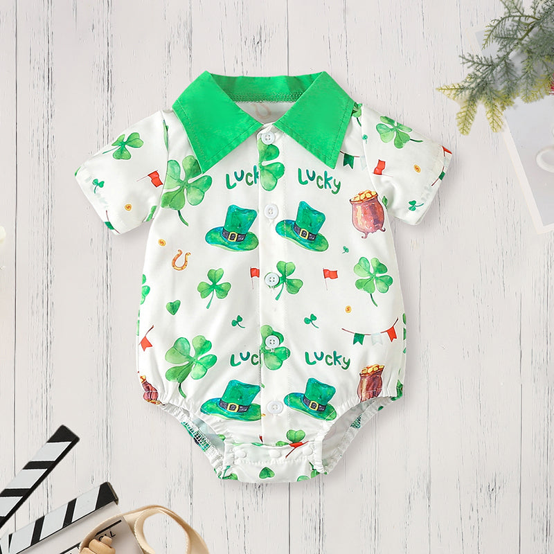 US Local Newborn Baby Boy St. Patrick's Day Clothes Short Sleeve Clover Print Romper & Suspenders Pant 2Pcs Casual Clothes Set
