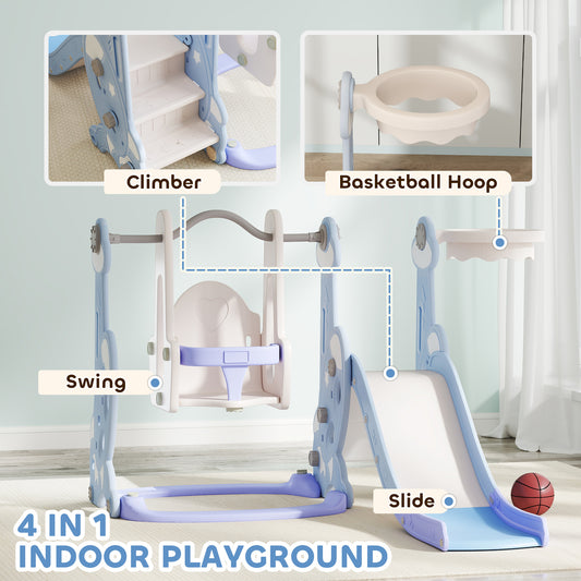 US Local 4 In 1 Toddler Slide And Swing Set For Ages 1.5-4, Toddler Playset Playground With Climber, Basketball Hoop, Light Blue