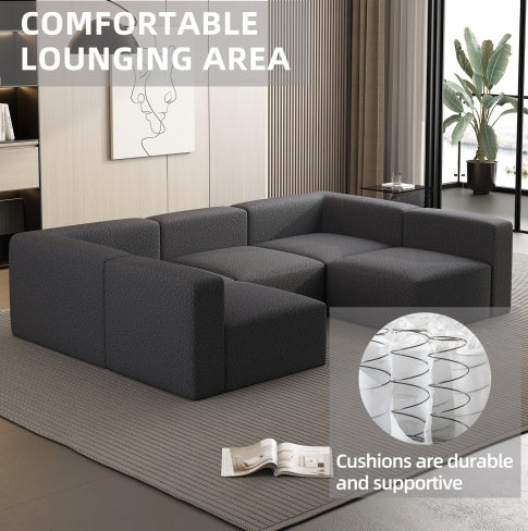 US Local Modular Sectional Sofa Sleeper Couch, Sectional Sofa With Chaise And Ottoman, Convertible U Shaped Modular Sofa Set. Compressed Sponge, Dark Grey