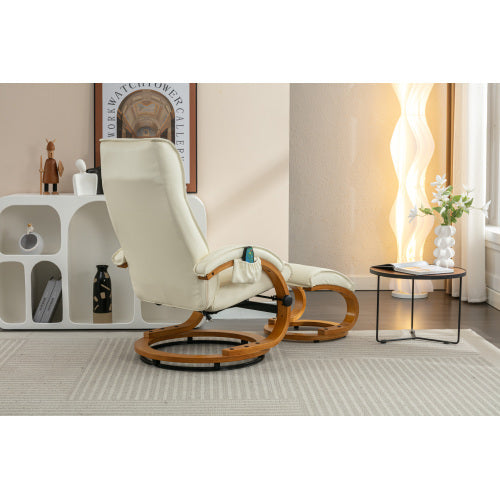 UK Local PU Upholstered Massage Recliner With Ottoman Footstool, 5 Points Massager, Bentwood Base For Living Room Bedroom, Beige