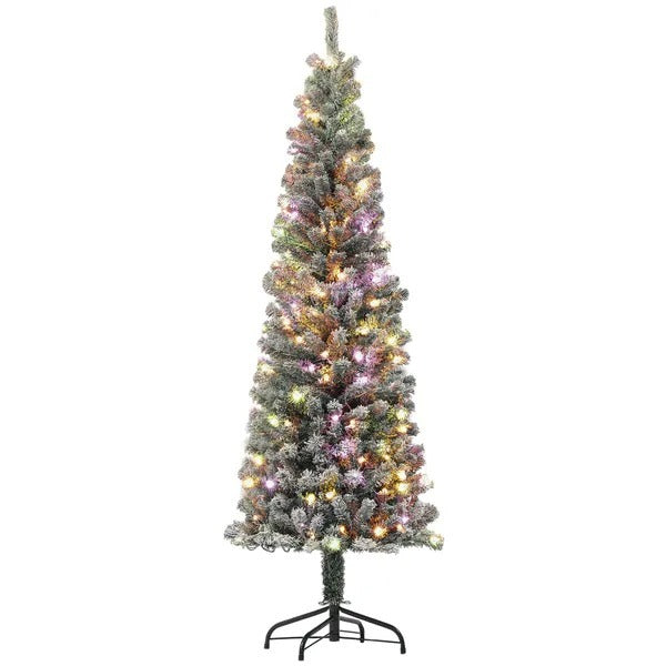 CA Local 6 ft Prelit Pencil Artificial Christmas Tree, Flocked Xmas Tree With Remote, Dual Colour LEDs, 429 Tips, Metal Stand