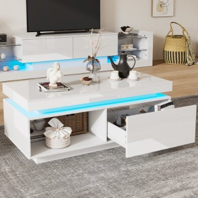 UK Local High Glossy LED Coffee Table With Drawer Storage, Wooden Centre Table With RGB Led Lights Rectangle Tea Table For Living Room Furniture, White Coffee Table With Open Display Shelf