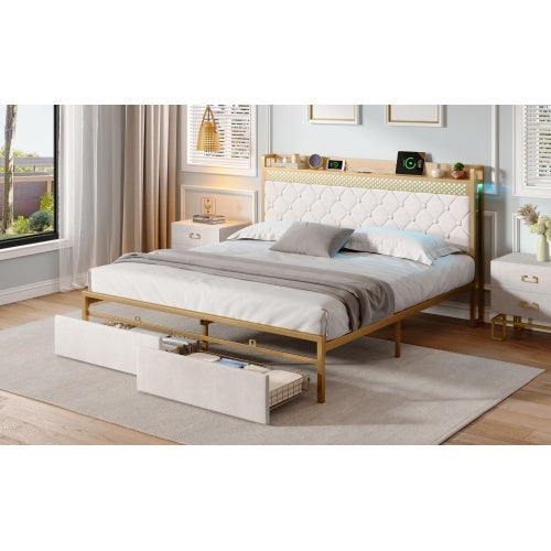 UK Local 4ft6 Double Bed Frame With 2 Storage Drawers, RGB LED Storage Headboard With Charging Station, Velvet Bed Frame, With Chrome Decoration, No Box Spring Needed, Easy Assembly, Beige
