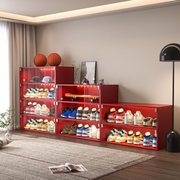 US Local Red Glass Door Shoe Box Shoe Storage Cabinet For Sneakers With RGB LED Light - Single