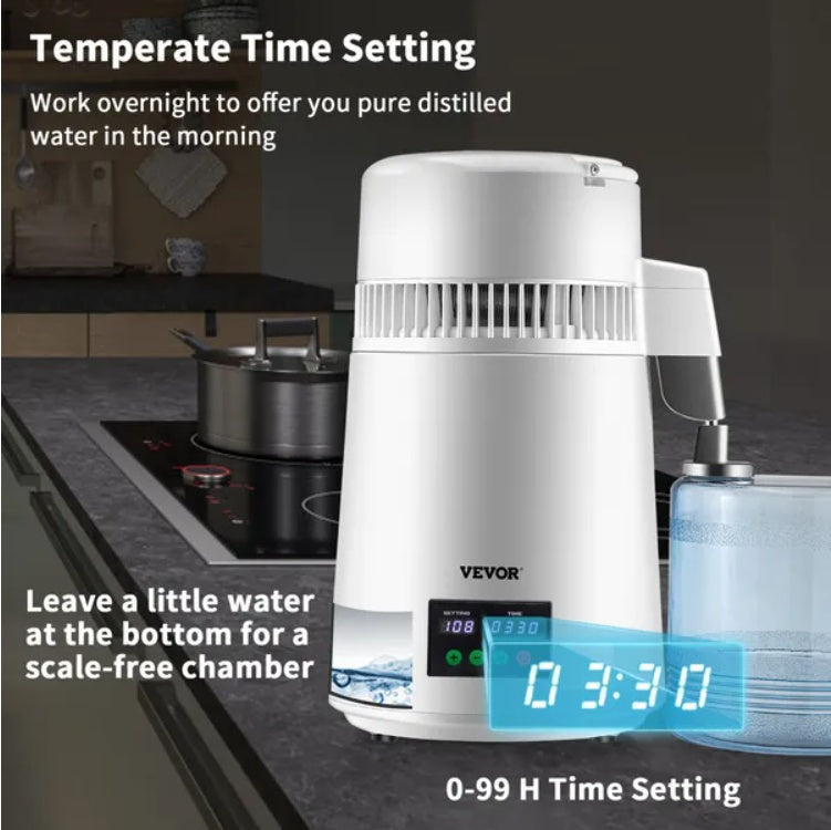 US Local VEVOR 1.1Gal Water Distiller, 0.3Gal H, 750W Distilled Water Maker Machine 0-99H Timing Set Temp Display, 304 Stainless Steel Countertop Distiller Plastic Carafe Cleaning Powder 3 Carbon Packs, White