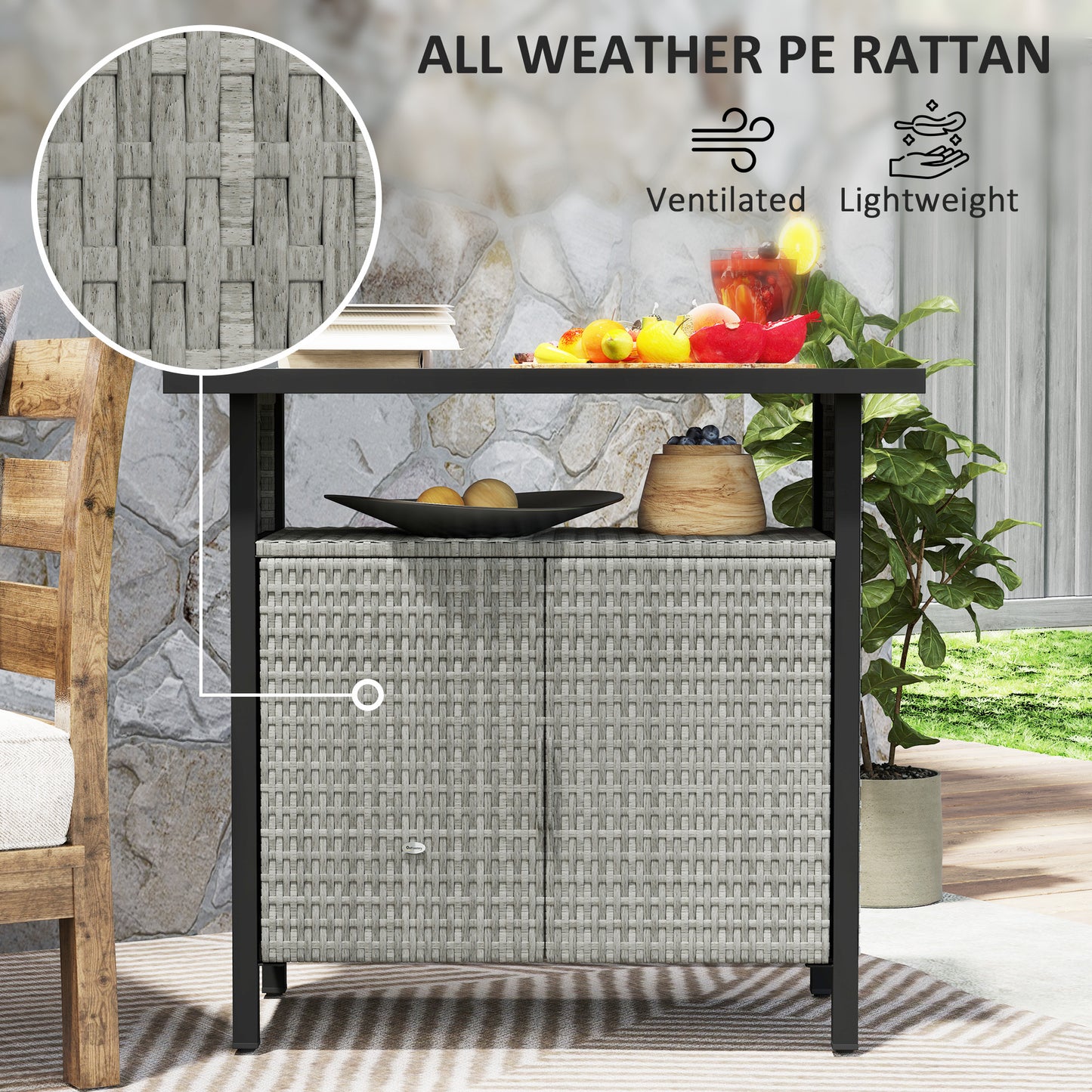 US Local Outdoor Pool Towel Storage Cabinet Organizer, Outdoor Bar Table With Shelf And Cabinet, Pool Towel Holder Pool Valet With Weather-Resistant PE Rattan And Steel Frame, Gray