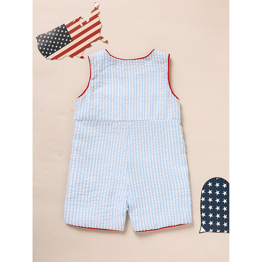 US Local Infant Baby Boy 4th Of July American Flag Smocked Romper Summer Sleeveless Jumpsuit For Independence Day & Memorial Day Celebrations