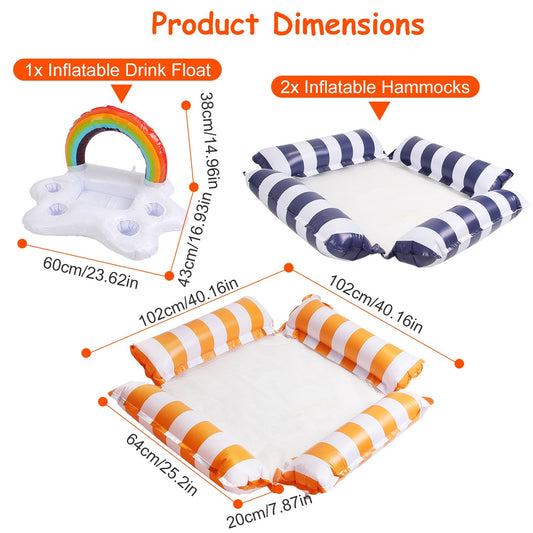 US Local Set Of 3 Pack Inflatable Pool Floats 1 Drink & Snack Float 2 Water Hammocks With High Buoyancy Pillows Cooling Mesh