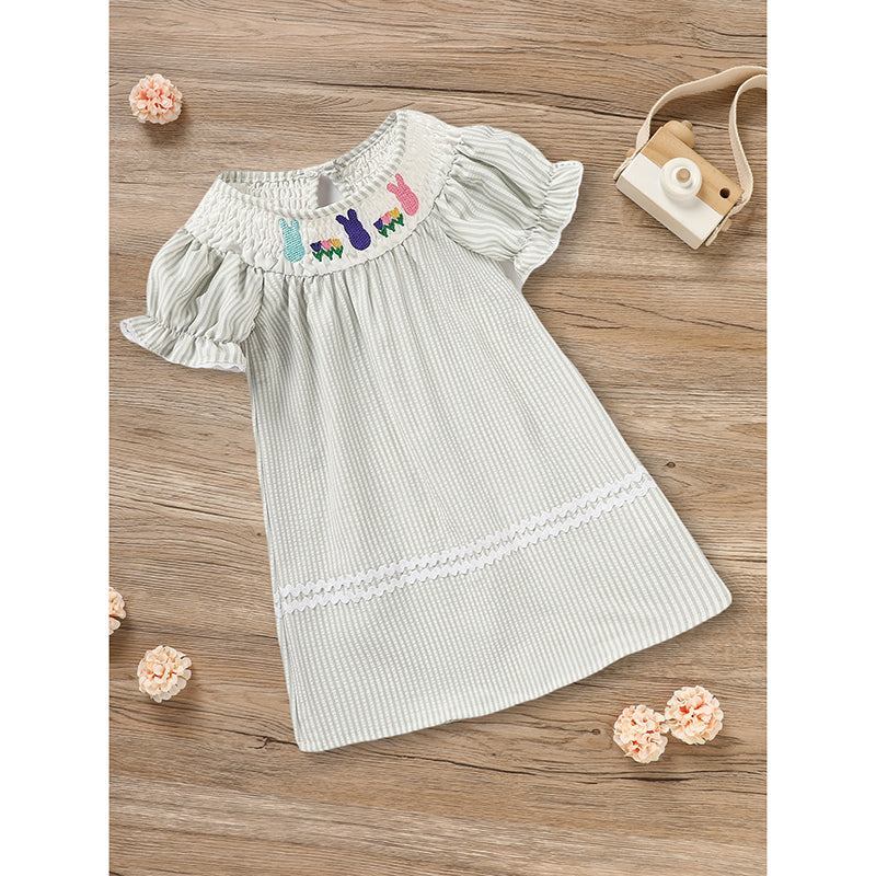 US Local Infant Baby Girls' Easter Bunny Smocked Dress Embroidered Short Sleeve Casual Summer Dress