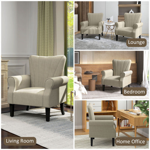 UK Local HOMCOM Upholstered Accent Chair With Rolled Arms And Wood Legs, Armchair For Living Room Bedroom, Beige