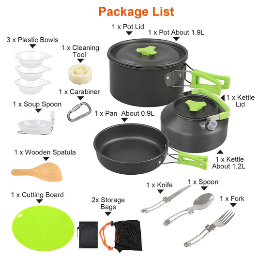 US Local 16Pcs Camping Cooking Ware Set Camping Stove Cookware Kit Aluminum Pot Pan Kettle Set With Bowls Knife Fork Spoon Carabiner Spatula Cutting Board For Hiking Picnic Outdoor