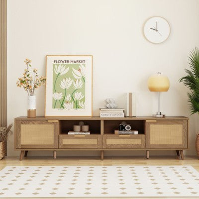 UK Local TV Console Table, Up To 90 Inches TV, TV Cabinet With Plastic Rattan Design, TV Cabinet With Solid Wooden Feet, Braided Rattan TV Boards