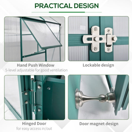 UK Local Outsunny 6x8 FT Polycarbonate Greenhouse With Base And Raised Bed, Walk-in Greenhouse With Aluminium Frame, Temperature Controlled Window, Foundation For Plants, Flowers, Vegetable