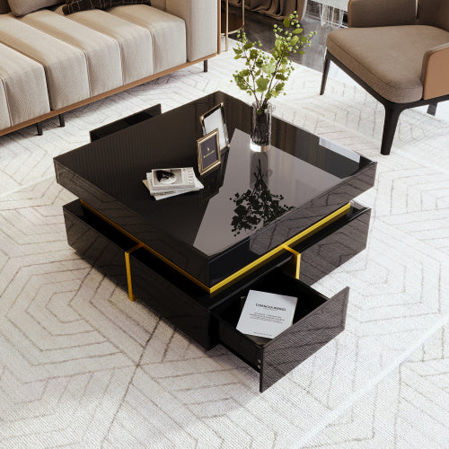 UK Local Coffee Table, High-Gloss Living Room Table, Side Table With Drawers And Gold Accents