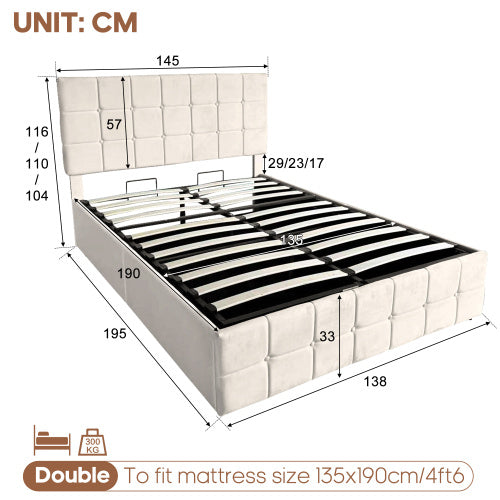 UK Local 4ft6 Double Upholstered Storage Bed Frame, Velvet Ottoman Bed With Hydraulic Storage, Double Bed With Adjustable Button Tufted Headboard, Metal-Wood Support, No Mattress, Beige