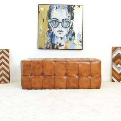 US Local Benjiro Tan Leather Bench Ottoman Stool Leather Footstool Bench 17.7H X 47.2W X 19.7D