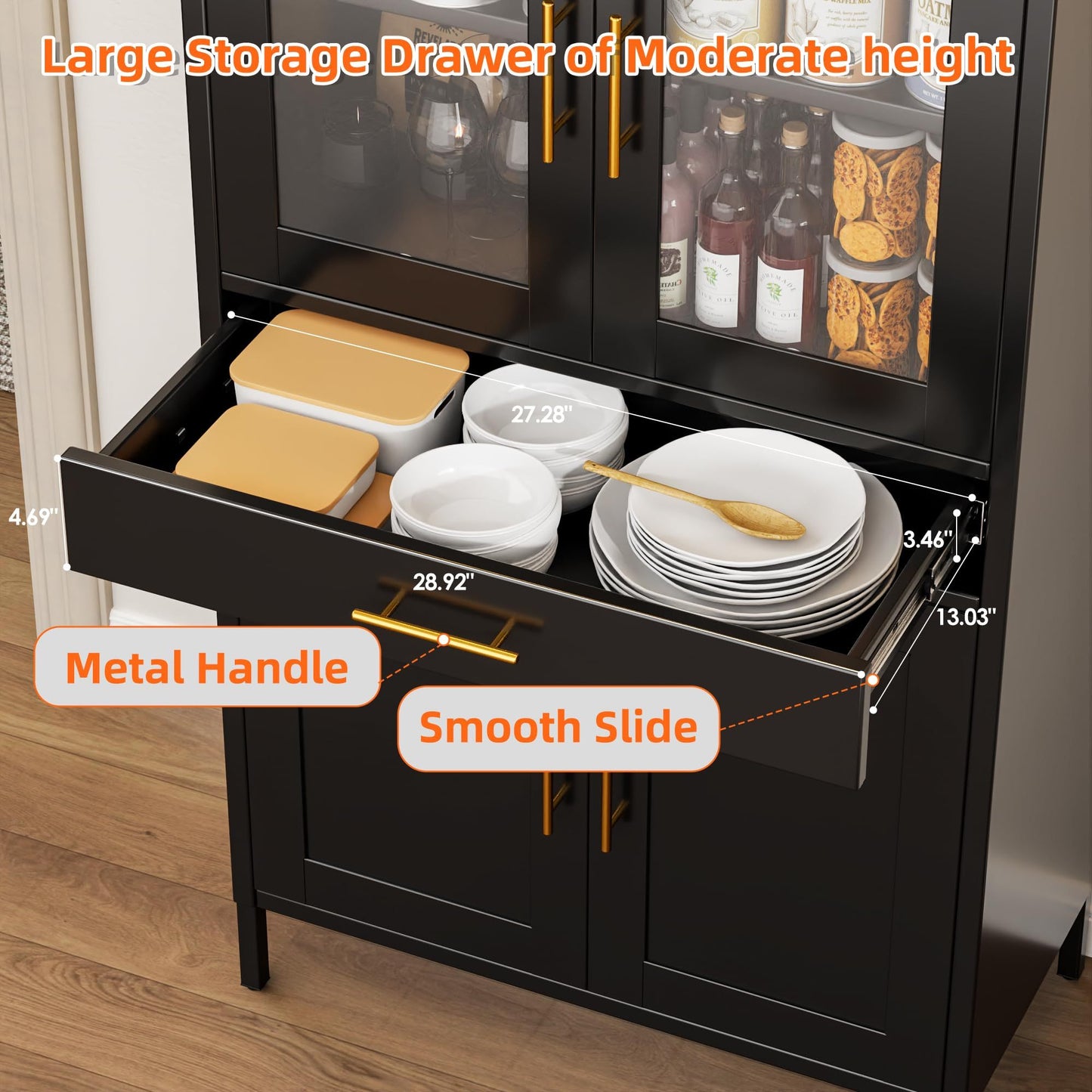 US Local 73 Inch Metal Tall Arched Display Cabinet, Metal Arched Bookshelf With Doors,Shelves,Drawers, Modern Freestanding Bookcase For Home Office Bar Living Room ,Black