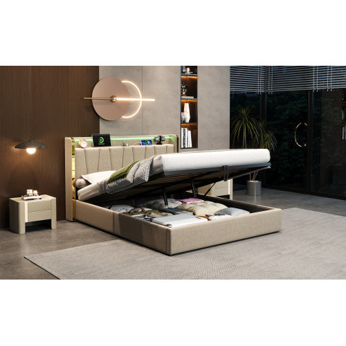 UK Local 4ft6 Double Upholstered Bed Frame With Hydraulic Storage, LED Headboard With Charging Station And Chrome Trim, USB And Type - C Ports, Linen, No Box Spring Needed, Beige