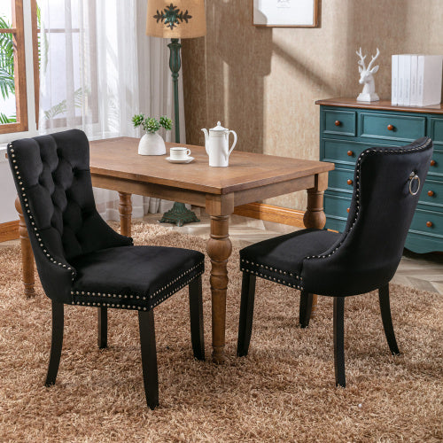 UK Local Modern Set Of 2 Upholstered Velvet Dining Chairs, Button Tufted Kitchen Lounge Chairs With Brushed Wood Legs, Riveted Trim And Knocker Ring, For Dining Room Living Room
