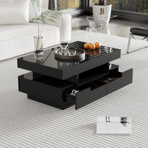 UK Local Coffee Table, High-Gloss Surface, With LED Light Strip, Four Drawers Front And Back, Large Storage Space