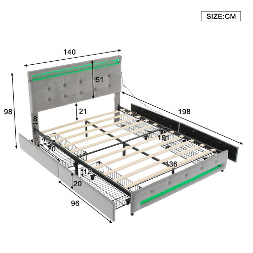 UK Local Upholstered Bed, 4ft6 Double Bed 135x190cm, Storage Bed, Soft Backrest, 4 Drawers With Pulleys, Light Strips Around The Bed, Metal Underbed Bracket, With Bed Slats, For Adults Teenagers, Velvet,Grey
