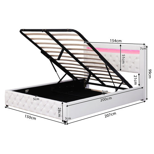 UK Local Upholstered Bed 150 X 200 Cm Functional Bed With Slatted Frame And Storage Space, LED Lighting In Different Colors, White, PU