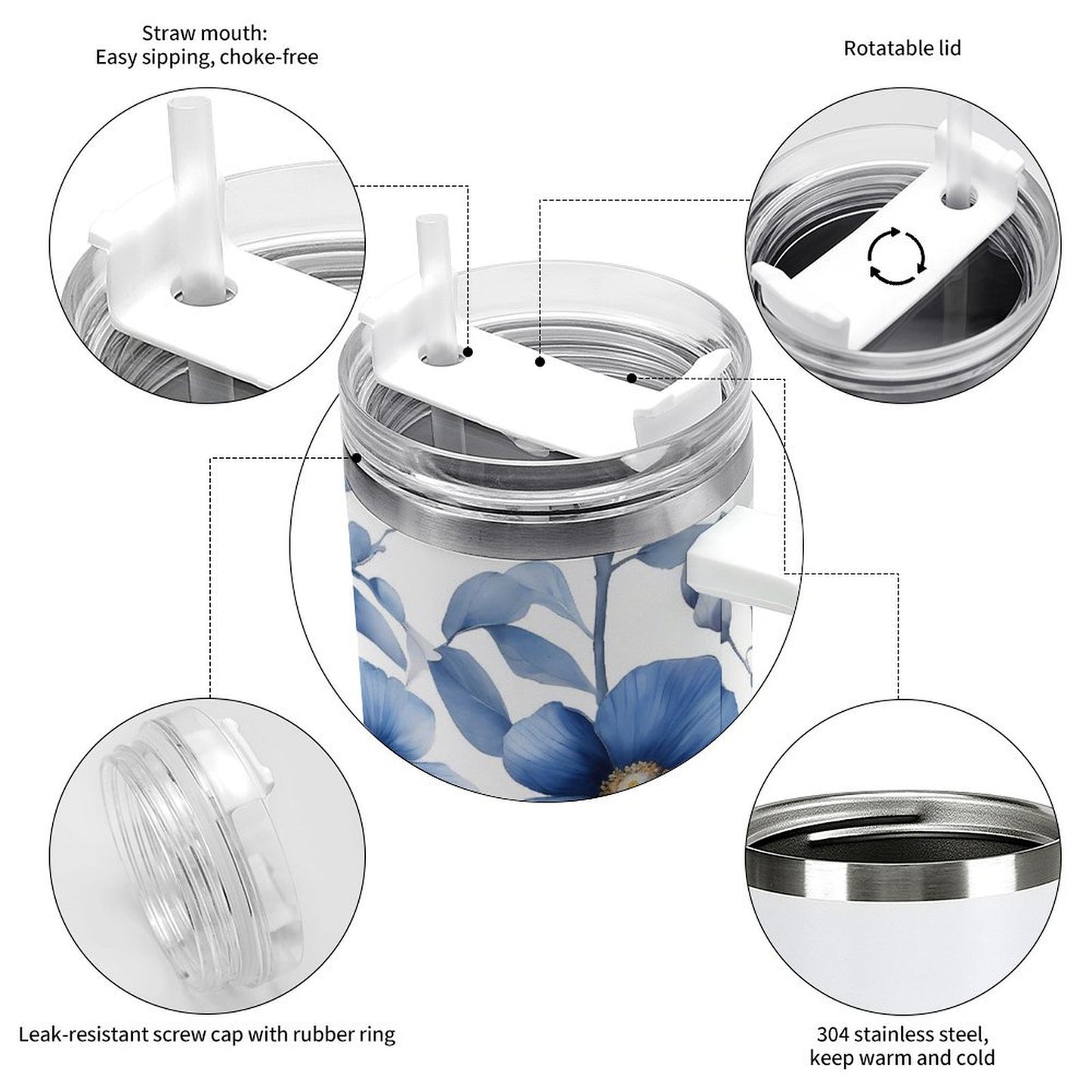 PHDT00114 POD US Local Tumbler 40 oz Large Capacity Car Cup Blue, Ink, Watercolor, Flower