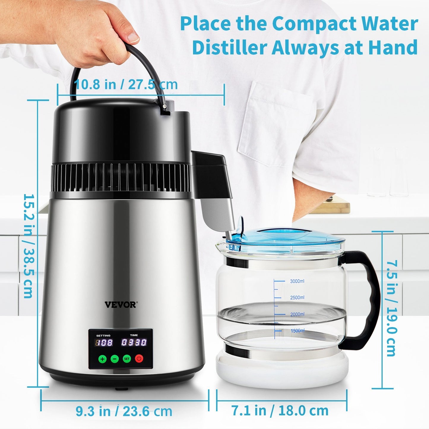 US Local 1.1 Gal Water Distiller, 0.3 Gal H, 750W Distilled Water Maker Machine 0-99H Timing Set Temp Display, 304 Stainless Steel Countertop Distiller Glass Carafe Cleaning Powder 3 Carbon Packs, Silver