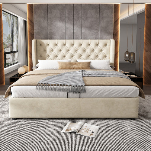 UK Local Upholstered Bed, With Hydraulic Lever, Functional Bed From Storage, 135 X 190 Cm, Without Mattress, Velvet, Beige