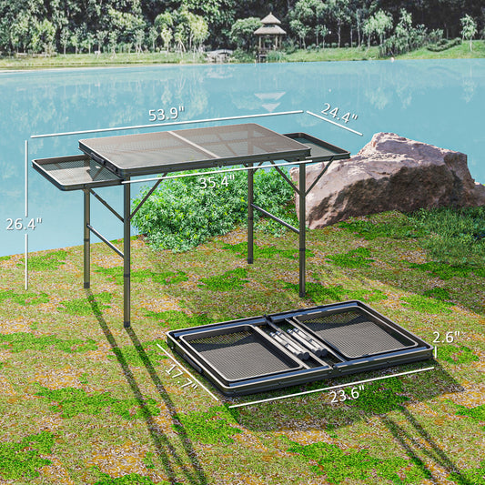 US Local Folding Camping Table, 4.5ft Portable Table With 2 Wing Panels, Height Adjustable Metal Picnic Table
