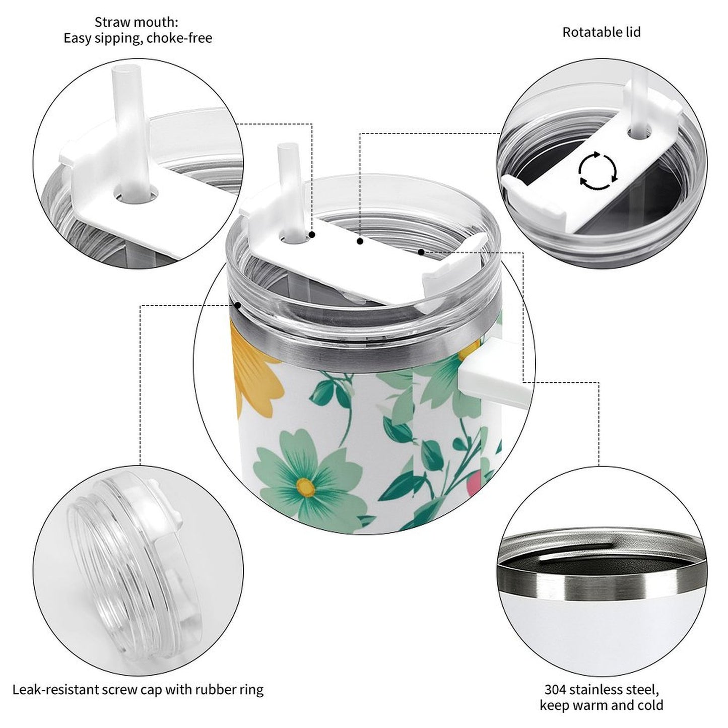 PHDT00372 POD US Local Tumbler 40 oz Large Capacity Car Cup Flowers, Leaves, Spring