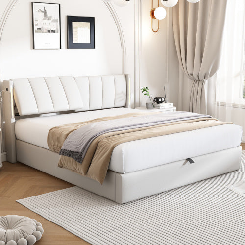 UK Local LED Upholstered Bed ,King Size Bed-5ft150x200cm, Hydraulic Bed, Rechargeable USB Port In Bed, With LED Lighting, With Storage Space, Adjustable Headboard, PU , White