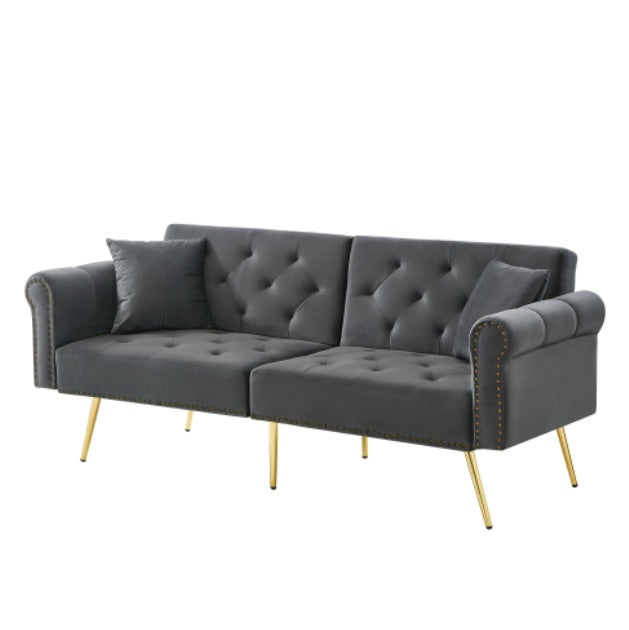 UK Local Modern 2-Seater Sofa Bed Velvet Upholstery, 3 Stage Adjustable Backrest Gold Plated Metal Feet Stylish Sofa With Sleeping Function Space-Saving Durable Ideal For Small Spaces