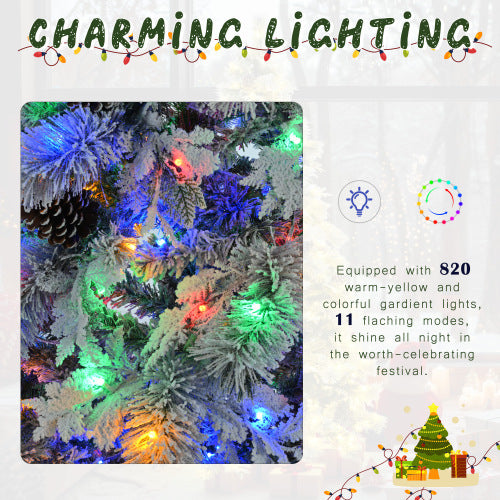 US Local 6FT Pre-Lit Spruce Snow Flocked Christmas Tree With Pine Cones, Artificial Xmas Tree With 403 Branch Tips,Mixed PE PVC Branches, 250 Multi-Color LED Lights, 11 Flashing Modes, Holiday Decor