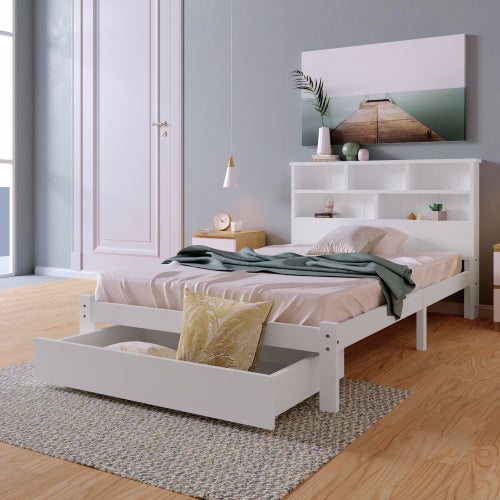 UK Local Bed With Shelves, White Wooden Storage Bed, Underbed Drawer - 3FT Single 90 X 190 Cm Frame Only