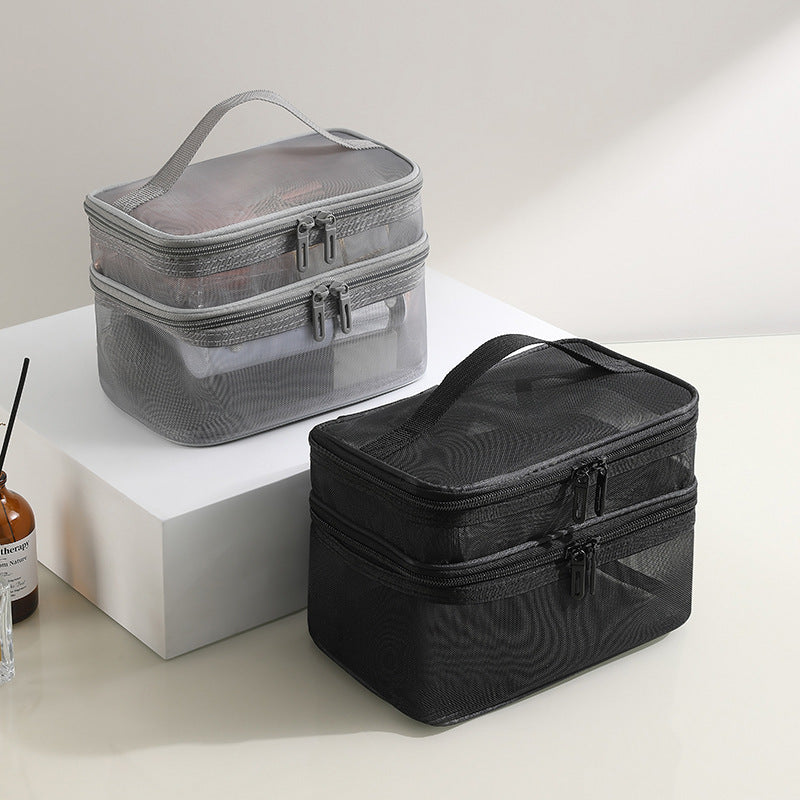 US Local 2pcs Double Layer Mesh Yarn Toiletry Bag Portable Travel Cosmetic Storage Bag In Black And Grey For Business Trips Large Capacity Travel Cosmetic Storage Bag