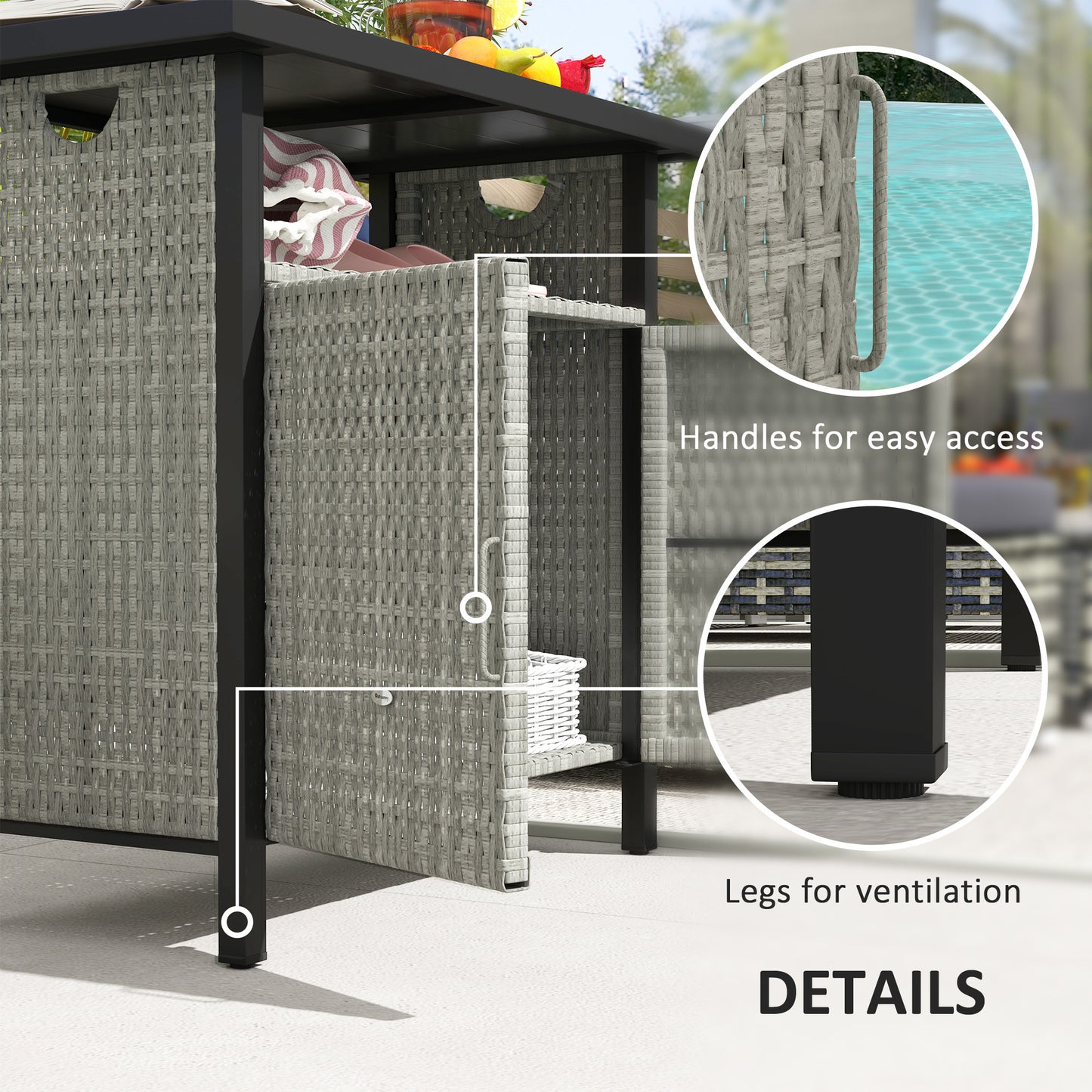 Outdoor Pool Towel Storage Cabinet Organizer, Outdoor Bar Table With Shelf And Cabinet, Pool Towel Holder Pool Valet With Weather-Resistant PE Rattan And Steel Frame, Gray