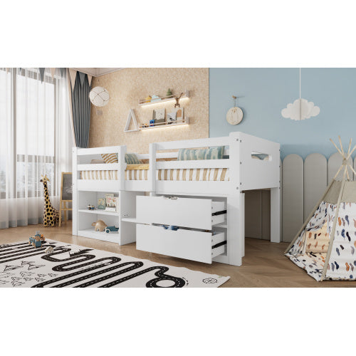 UK Local Wooden Bed, Storage Bed , Children S Bed, 3ft Single Bed 90x190cm, Safety Guardrail, Two Drawers With Slides, Two Storage Compartments, Pine Wood Particle Board, White