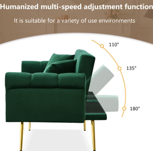 UK Local Modern 2-Seater Sofa Bed Velvet Upholstery, 3 Stage Adjustable Backrest Gold Plated Metal Feet Stylish Sofa With Sleeping Function Space-Saving Durable Ideal For Small Spaces