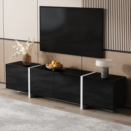 UK Local TV Cabinet, Black High-gloss Cabinet And White Contrasting Table Legs, With Simple Cabinet Doors And Drawers.