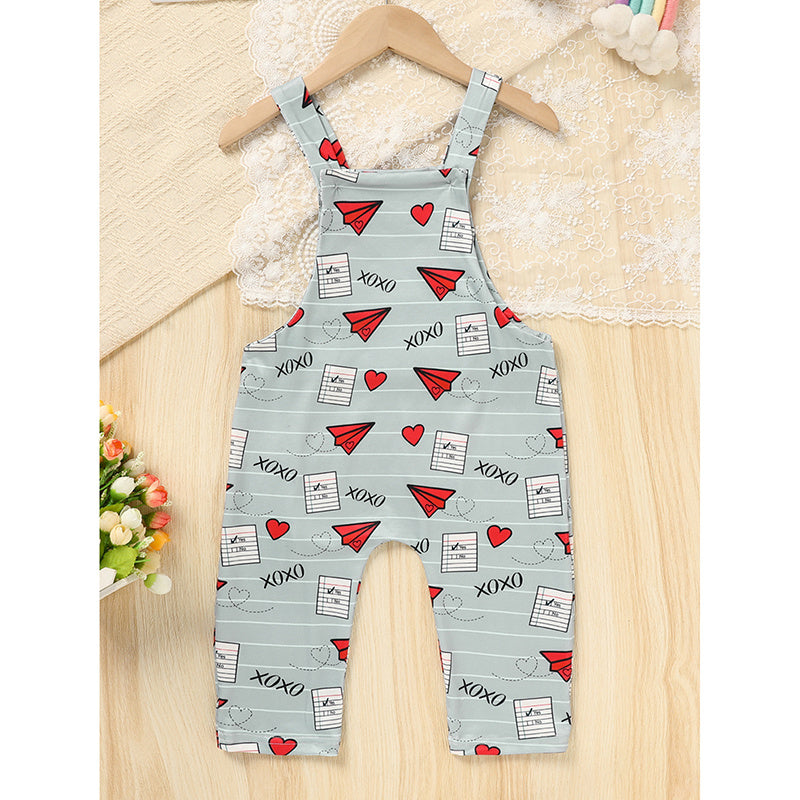US Local Baby Boy Girl's Casual Heart Pattern Jumpsuit, Paper Airplane Heart Xoxo Trendy Overalls, Valentine's Day Coming Home Outfit