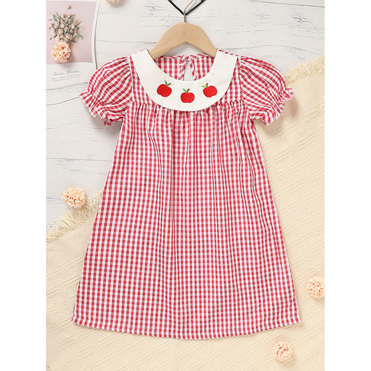 US Local Toddler Kids Girls Back To School Dress Smocked Collar Puff Sleeve Plaid Embroidered Print Dress