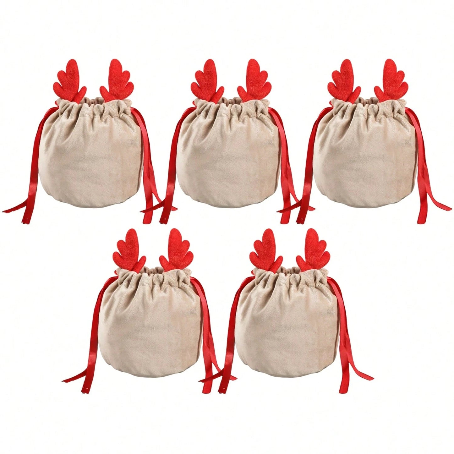 US Local Set Of 5 Christmas Velvet Drawstring Gift Bags With Reindeer Antler Design. Suitable For Organizing Jewelry Or Candy. Santa Gift Bags, Perfect For Holidays, Weddings, And Birthday Party Favors.