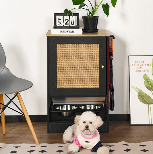 US Local Feeding Station With 1 Locker, Pet Feeding Station With 2 Overhead Dog Bowls, Side Hooks, Anti-Tipping Kit, Concealed Pet Feeding Station For Feeding And Drinking, Black